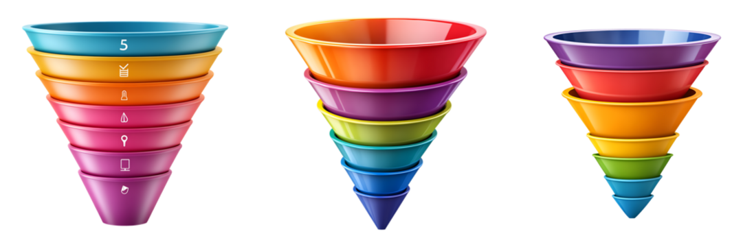 Set of multicolored marketing funnels isolated on transparent background