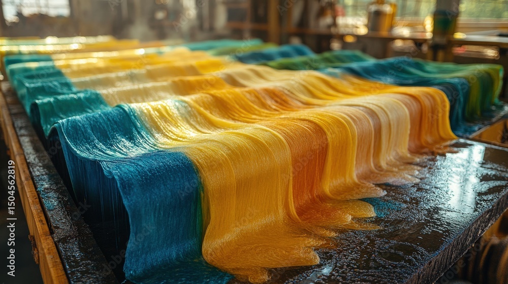 Poster vibrantly colored flowing materials creating dynamic abstract patterns in a production setting