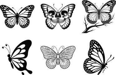 Butterfly Silhouette Bundle, Butterfly svg Set Vector Art and White Background. Black butterfly drawing.