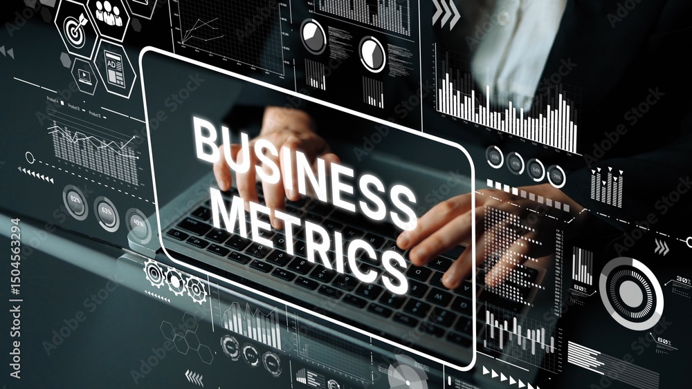 Aufkleber professional hands typing on laptop keyboard with business metrics analytics on screen in modern off