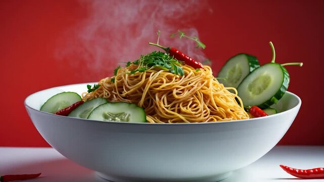 White bowl of spicy noodles against a backdrop.