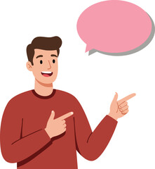 Young man pointing with fingers and speaking with pink speech bubble vector illustration 