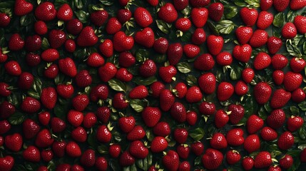 Fresh red strawberries and green leaves abundance in natural light