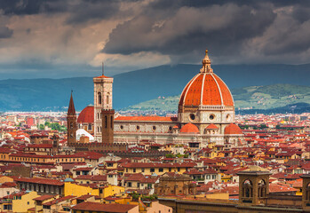 Beautiful view on hard of amazing Florence city and the Cathedral at sunrise, Florence, Italy
