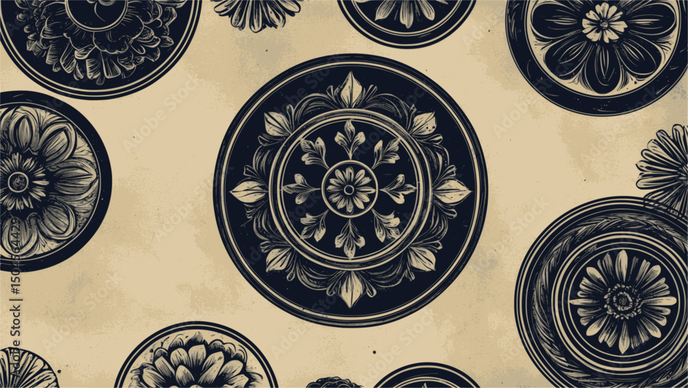Poster circular abstract shapes with engraving detail in old print style