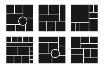 Moodboard template. Photo collage layout. Mosaic pictures album grid. Mood board background. Square scrapbook image. Set poster designs. Photomontage of frames. Social media layout Vector illustration