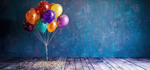 A bunch of colorful balloons with confetti on a wooden floor against a blue wall. Perfect for birthday, party, celebration, and festive events.
