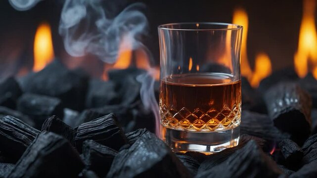 Brandy snifter resting on glowing coals. Concept of alcoholic drinks.