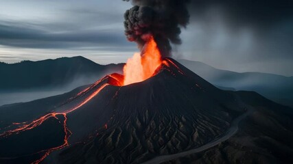Volcano eruption at night, fiery lava flows down the mountainside, dramatic scenery for websites and publications