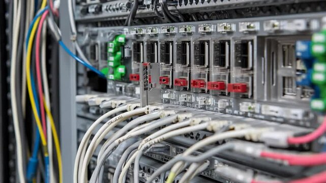 A hand is adjusting colorful cables on a network server rack filled with various connections and circuitry.