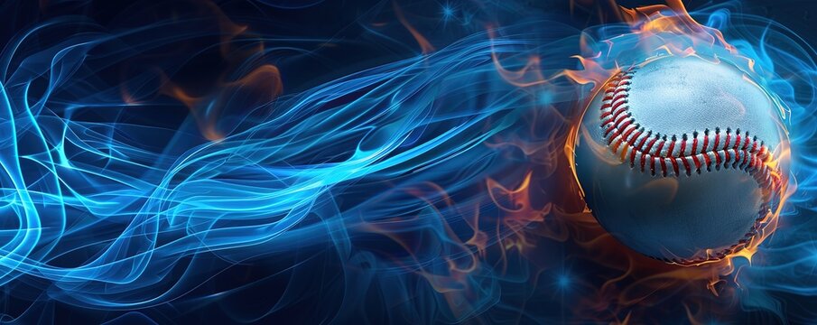 A baseball with flames and blue energy trail.  A digital design suitable for sports fans, teams, and games.