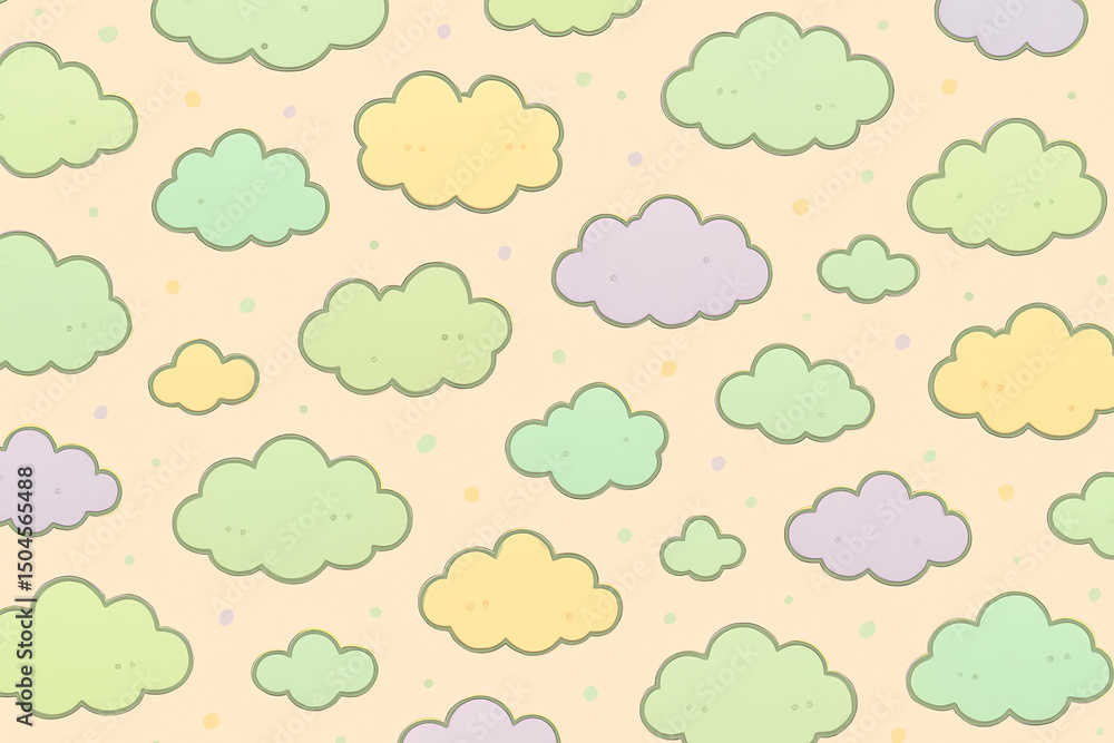 Poster a whimsical pattern of pastel clouds set against a soft beige background. ideal for designs that req