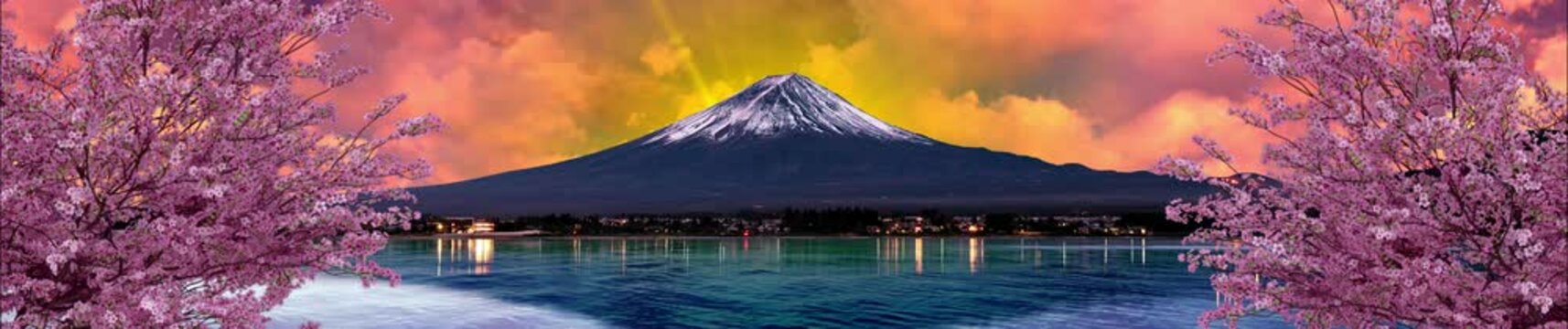 mount fuji in sunset, looped animation