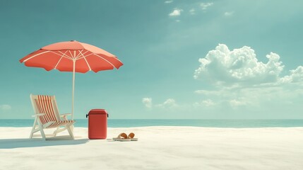 Serene beach scene with chair and umbrella under clear sky