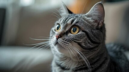 Skeptical cat with large eyes in close-up, looking surprised. Amusing expression gazing sideways. Adorable cat appearing frightened and deep in thought. Close-up portrait of a