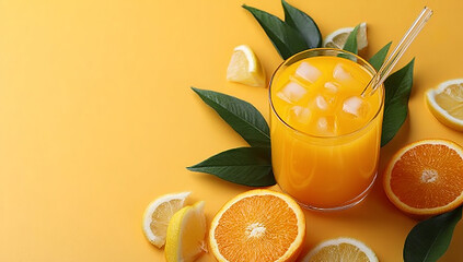 Glass of Orange Juice with Fresh Citrus Fruits and Green Leaves on Bright Yellow Background