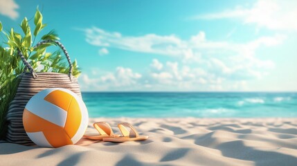 Obraz premium Beach volleyball scene with flip-flops and bag on sandy shore under blue sky
