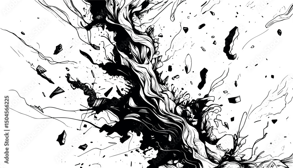 Poster chaotic abstract engraved background with scattered dynamic linework
