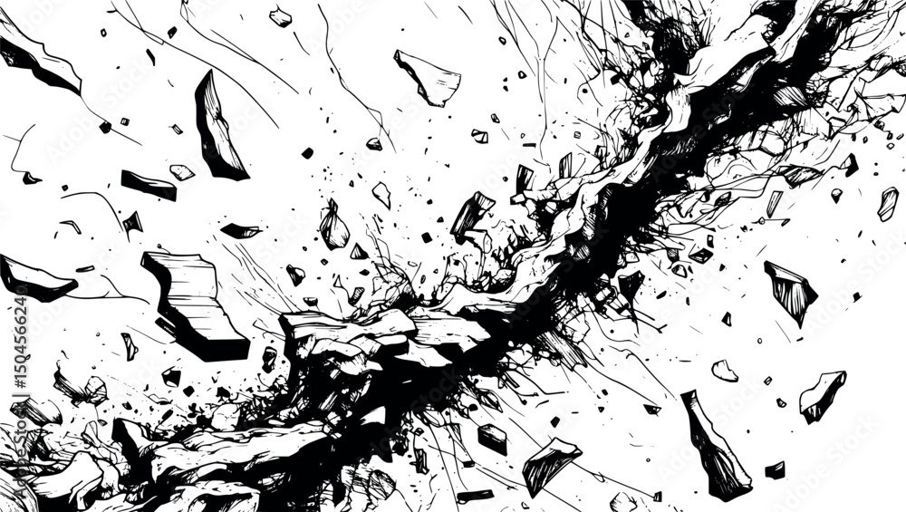 Poster chaotic abstract engraved background with scattered dynamic linework