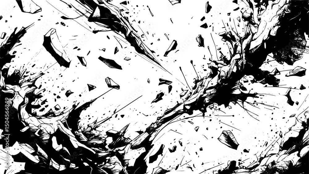 Poster chaotic abstract engraved background with scattered dynamic linework