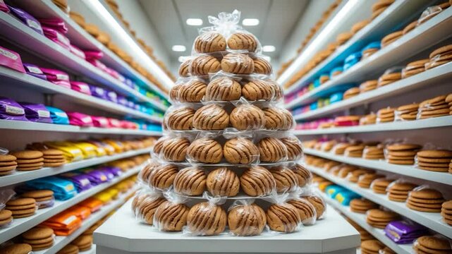 Shelves filled with stacks of freshly baked cookies.