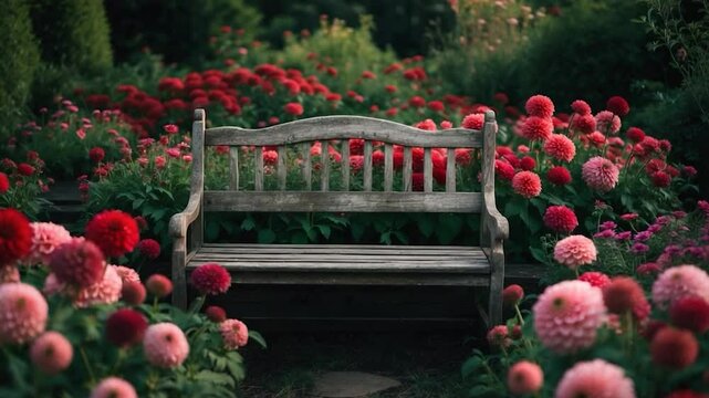 Garden table and seating surrounded by flower beds.