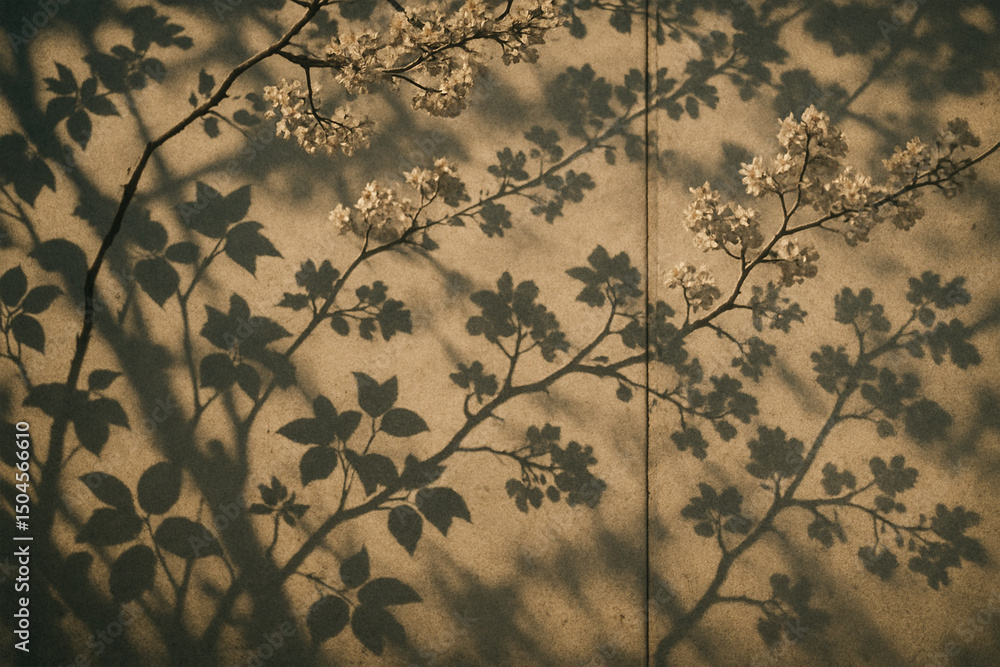 Poster photo of shadows of flowering branches create a textured pattern on a wall
