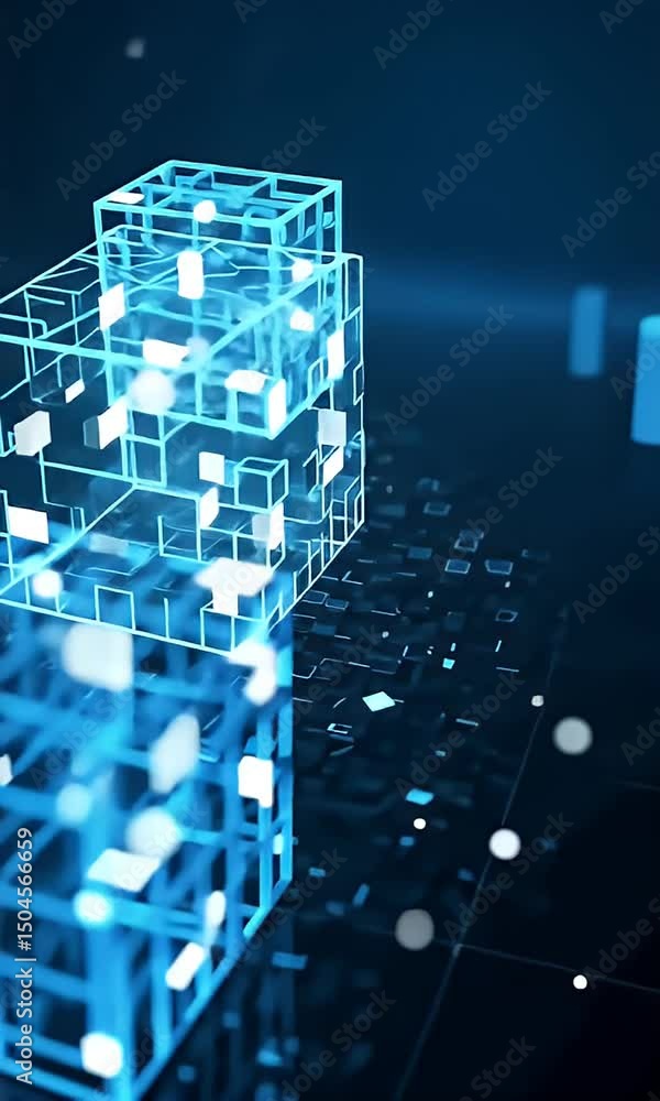 Poster futuristic digital cube with glowing blue grid and light particles in dark background
