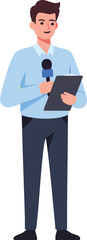 Male reporter holding microphone and clipboard presenting news in blue shirt and dark trousers vector illustration 