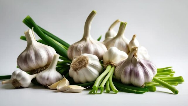 Fresh garlic bulbs with green onion stalks arranged artistically on a neutral background, showcasing various sizes and textures of garlic, including peeled cloves and whole heads.