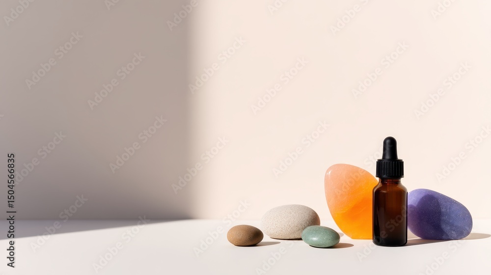 Poster a serene display of a dropper bottle and colorful stones on a minimalist background
