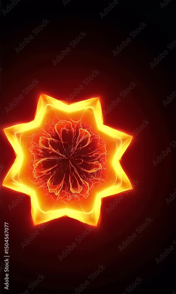 Poster glowing abstract star shape animation against a dark red background with energy flares and particle 