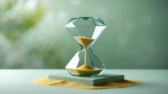 Elegant glass hourglass with a diamond shape, filled with golden sand, positioned on a green surface, surrounded by a soft, blurred background of light.