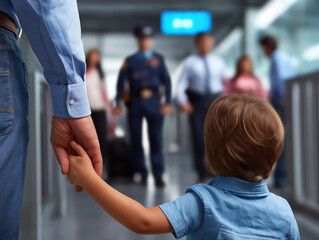Father and child walking through airport security with police and travelers nearby