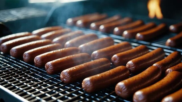 Grilling sausages on a barbecue with steam rising, showcasing evenly cooked and browned links arranged in neat rows on a metal grill, creating a delicious summer cookout atmosphere.