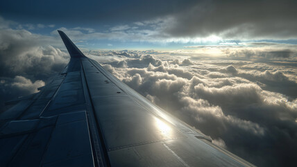 Obraz premium Window seat view during airplane takeoff, wing slicing through clouds
