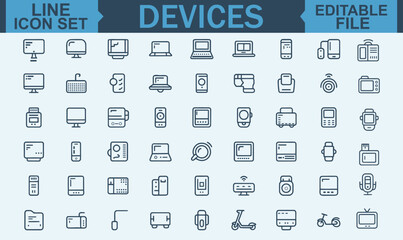 Line Style Web Icon Set of Electronic Devices and Gadgets Featuring Smart Technology, Computer Monitor, Smartphone, Tablet, Laptop, and Drone for Web and Mobile App Design