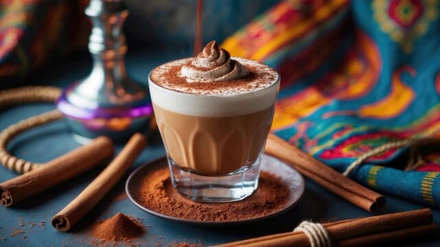 Rich coffee drink topped with creamy swirl and cocoa powder, served in a glass with a plate of cinnamon sticks and scattered cocoa, against a colorful patterned background.