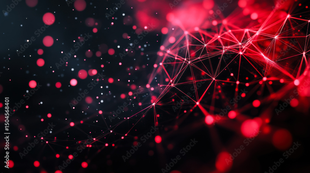 Poster abstract representation of interconnected nodes and lines in vibrant red hues against a dark backgro