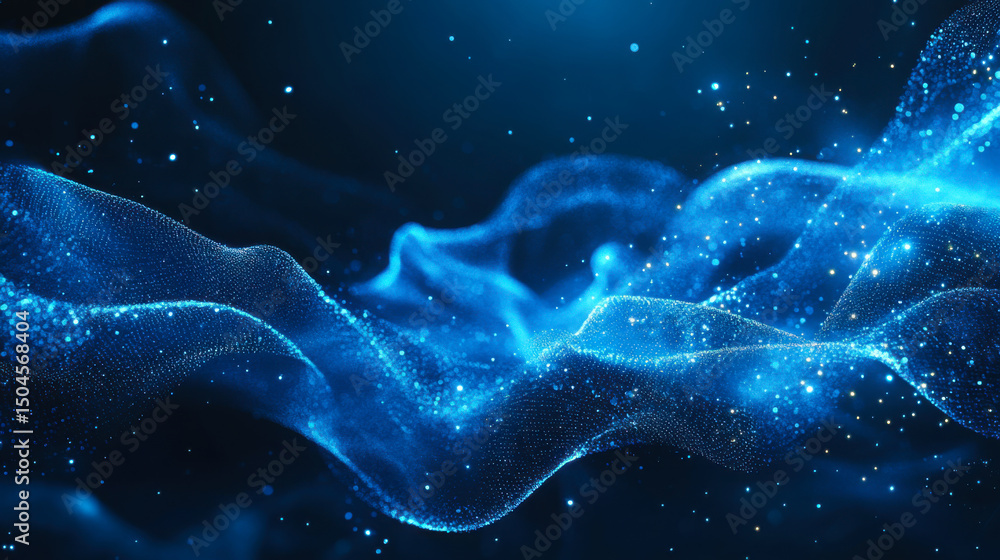 Poster swirling blue abstract patterns with glowing particles in a dark background during a digital art rep