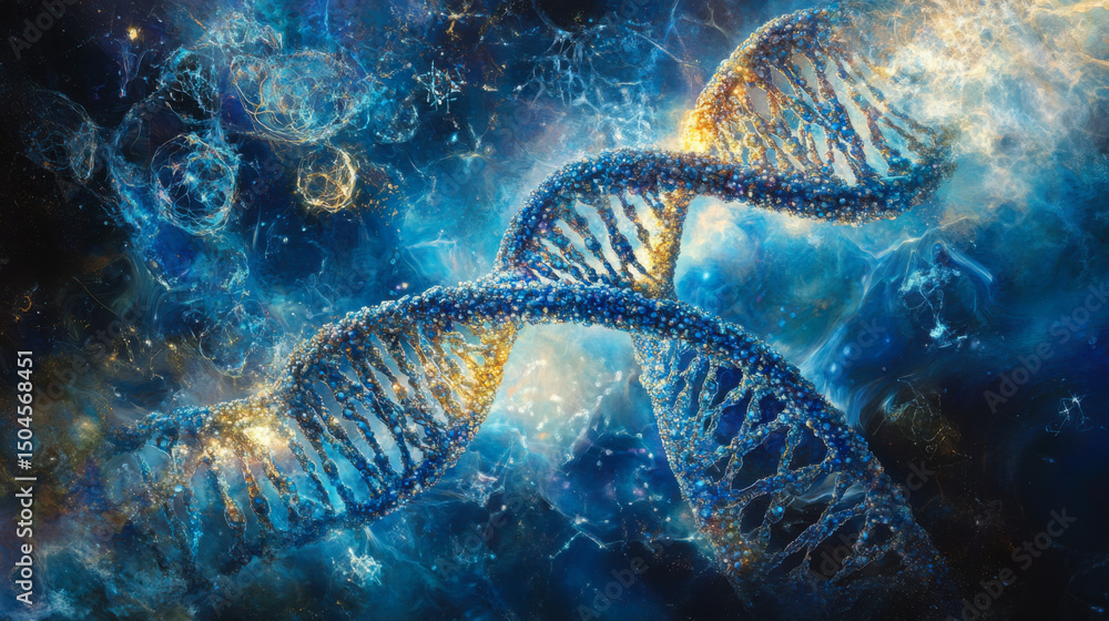 Poster visual representation of dna structure in a cosmic setting with vibrant colors and swirling patterns