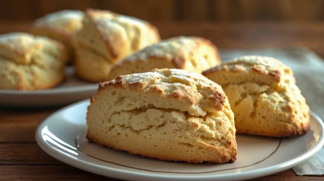 Freshly baked golden scones on a plate, showcasing a flaky and fluffy texture with a lightly browned top, perfect for breakfast or tea time, set against a warm wooden backdrop.