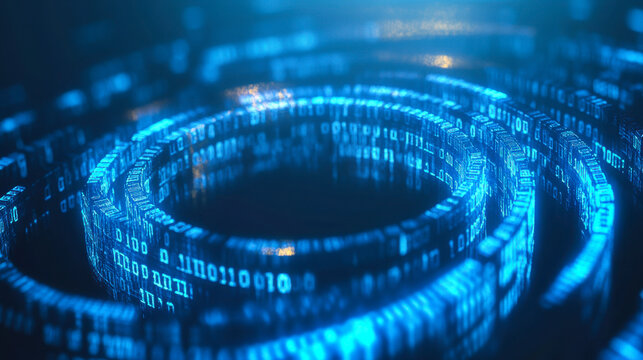 Digital information swirling in blue binary code spirals against a dark background