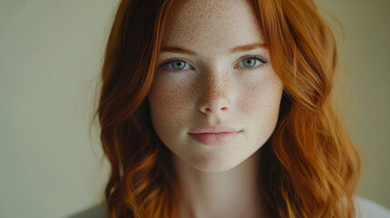 Fototapeta premium Natural portrait of a young woman with vibrant red hair and freckles smiling softly in a well-lit indoor setting