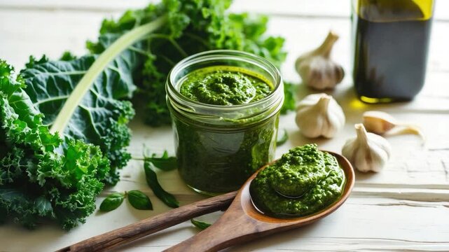 Fresh kale pesto in a glass jar next to a wooden spoon filled with pesto, surrounded by kale leaves, garlic cloves, and a bottle of olive oil on a rustic wooden surface.
