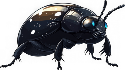 Stylized black beetle with white spots and blue eyes