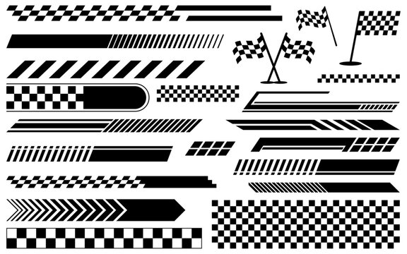 Racing stripe set checkered flag speed competition car decal pattern sticker collection finish line motorsport checkerboard chequered black and white silhouette graphic designs