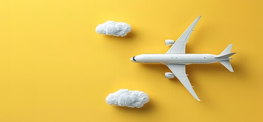 White toy airplane with clouds on a yellow background. A whimsical representation of travel and aviation.