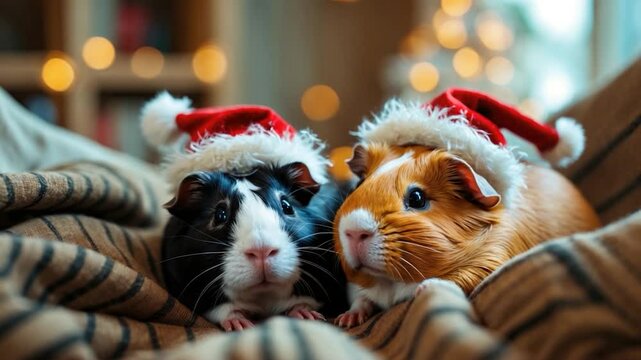 Guinea pigs wearing festive Santa hats cozy up together on a warm blanket, adorned with twinkling holiday lights in the background, creating a heartwarming Christmas scene.