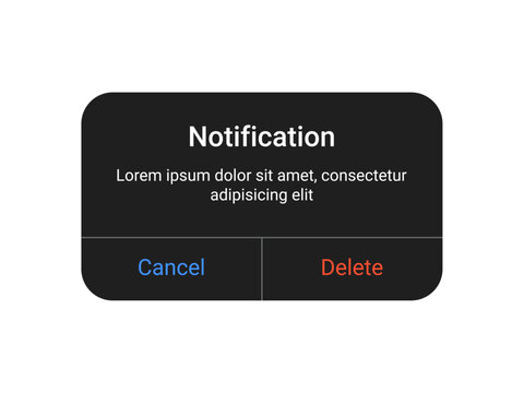 Dark notification pop up UI design with cancel and delete buttons on a transparent background for mobile app and web alert interface in a minimal modern style